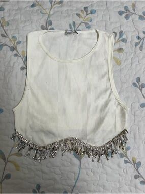 Zara White Ribbed Crop Top with Studded Fringe